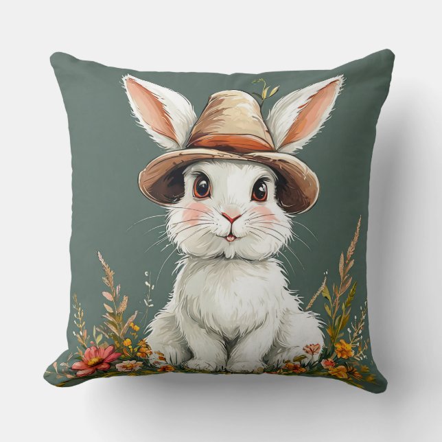 Coussin Lapin mignon portant un chapeau (Recto)