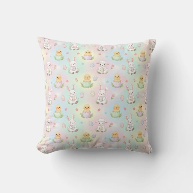 Coussin Lapin mignon poussin & agneau motif de Pâques (Recto)