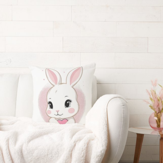 Coussin Lapin Mignon Tenant un Cœur | Design Romantique (Canapé)