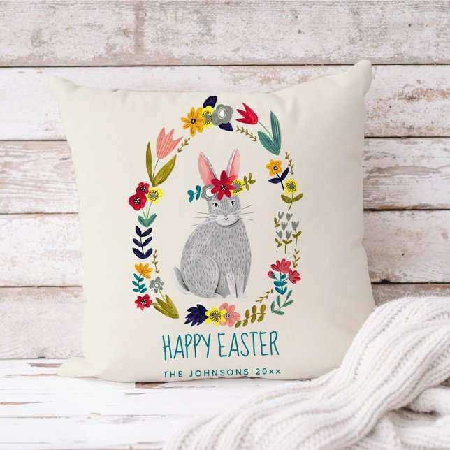 Coussin Lapin moderne mignon avec couronne florale personn (Créateur téléchargé)