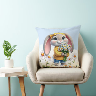Coussin Lapin oreilles roses marguerites blanches