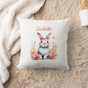 Coussin Lapin personnalisé aux fleurs roses
