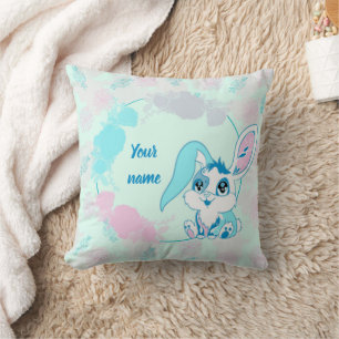 Coussin Lapin Personnalisé Mignon Bleu Kawaii