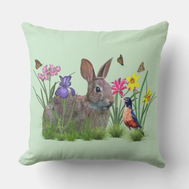 Coussin Lapin, Robin, et fleurs. Personnalisable (Recto)