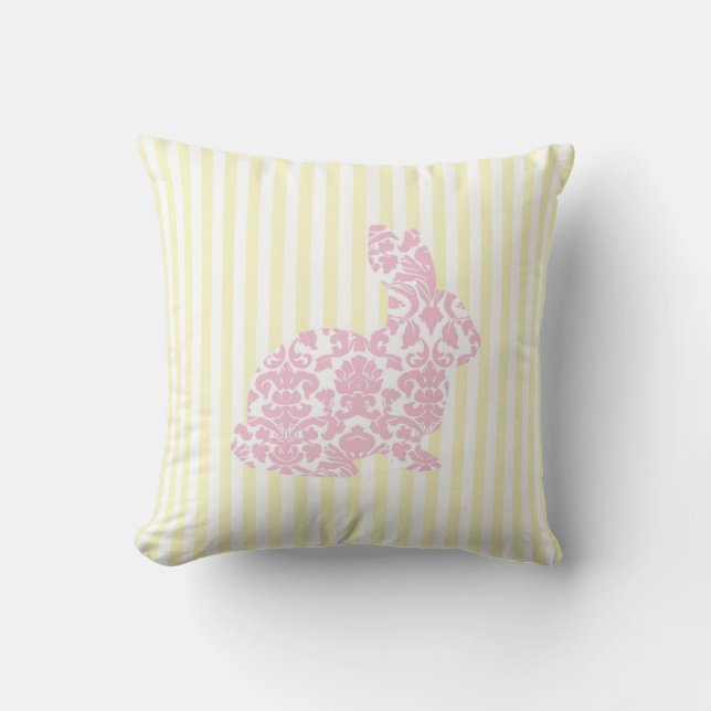 Coussin Lapin rose de damassé sur les rayures jaunes (Recto)