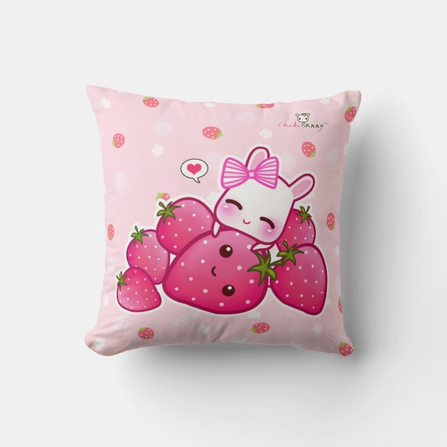 Coussin Lapin rose mignon avec des fraises de kawaii (Recto)