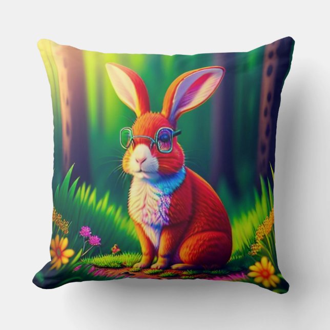 Coussin Lapin Rouge assis sur l'herbe (Recto)