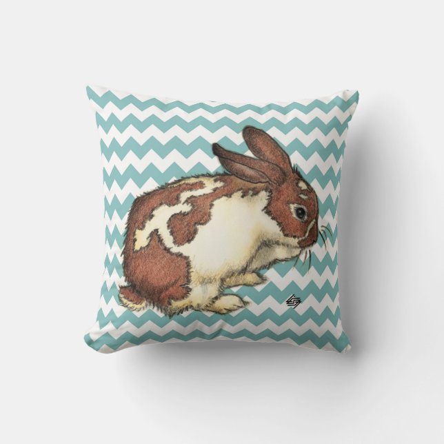 Coussin Lapin se lavant le visage avec le chevron bleu (Recto)