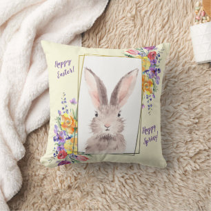 Coussin Lapin sucré dans cadre or Fleurs aux couleurs vive