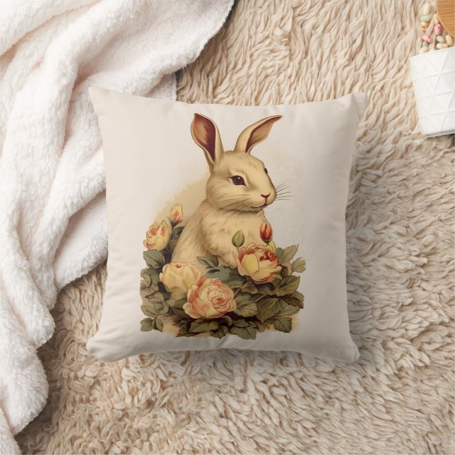 Coussin lapin vintage à fleurs rose brun ivoire (Couverture)