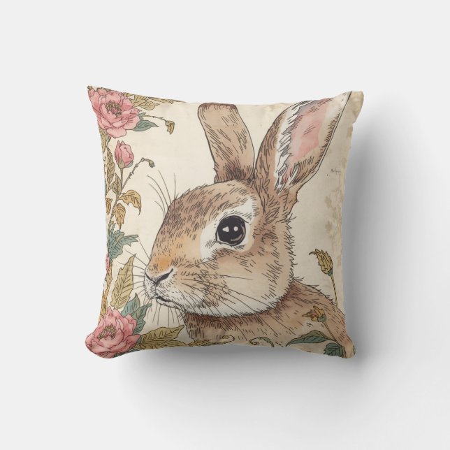 Coussin Lapin Vintage, Lapin Mignon, Motif Fleurs (Recto)