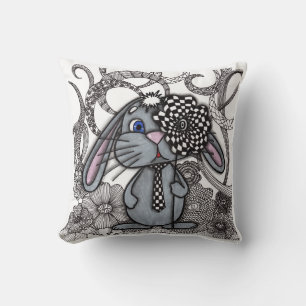 Coussin Lapin Zentangle Mignon avec Fleur à Damier sur la