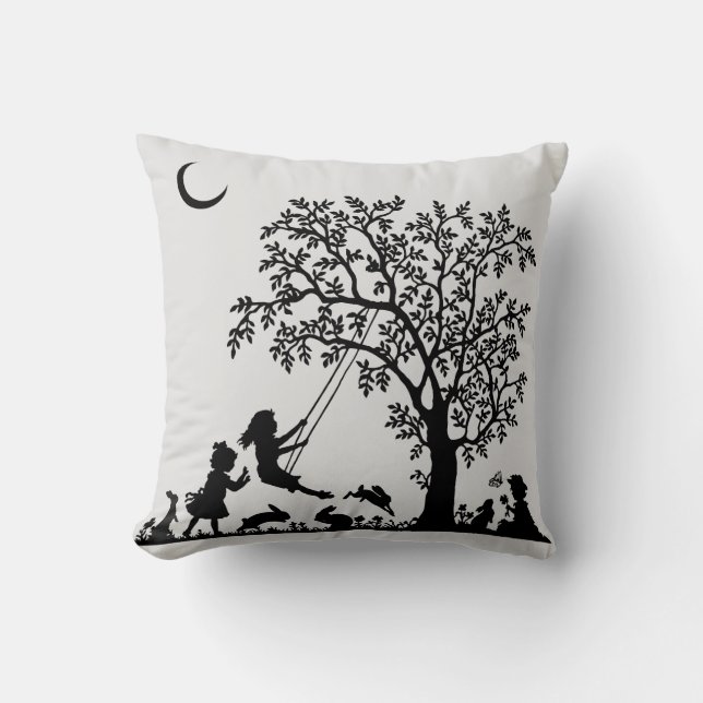 Coussin Lapins de style vintage à silhouette noire (Recto)