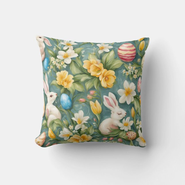 Coussin lapins, fleurs de printemps et oeufs de Pâques. Pe (Recto)