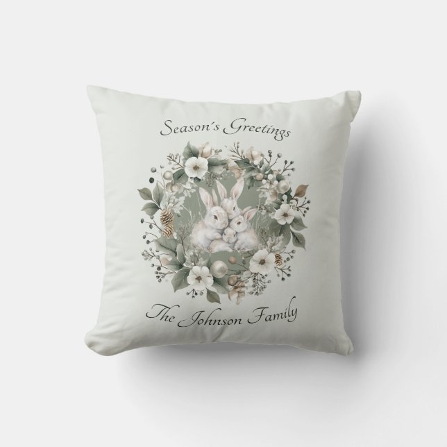 Coussin Lapins mignons dans une couronne florale hivernale (Recto)