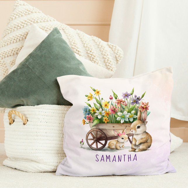 Coussin Lapins Mignons Fille Personnalisée Pâques (Cute Bunnies Personalized Girl Easter Throw Pillow)