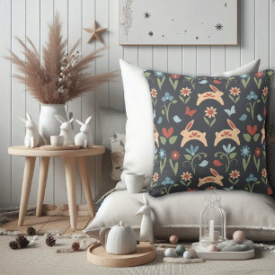 Coussin Lapins Oiseaux Fleur sauvage Art populaire