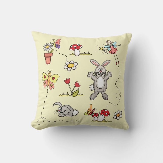 Coussin Lapins, Papillons, Fleurs & Fée  (Recto)