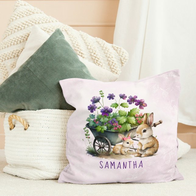 Coussin Lapins Personnalisés Fille Pâques Mignons (Personalized Cute Bunnies Girl Easter Throw Pillow)