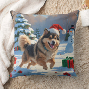 Coussin Lapphund finnois courant dans la neige avec un cha