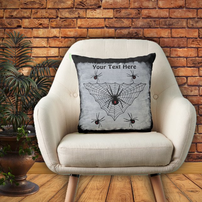Coussin Large Spider Web Black Widow Spiders Black White (Large spider web black widow spiders red marks on black and white Halloween decorative pillow.)