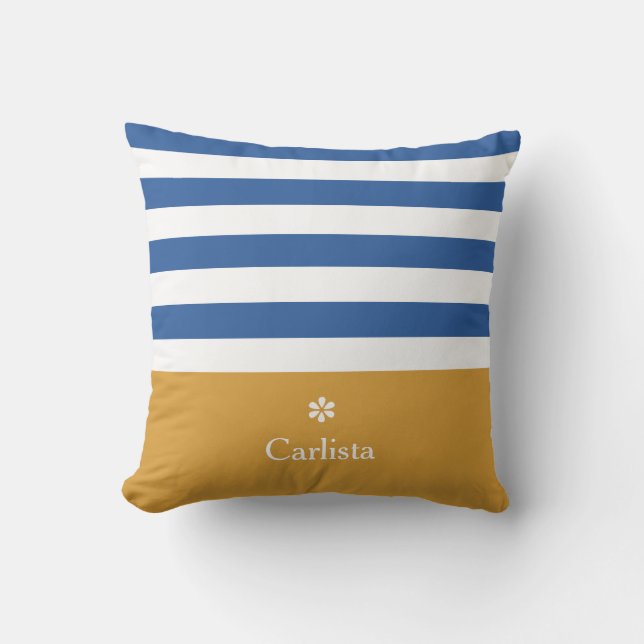Coussin Larges bandes horizontales bleues nom en or et mar (Recto)