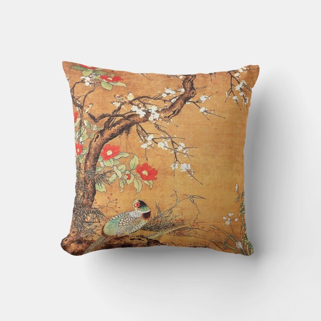 Coussin L'art de l'encre chinoise orientale au faisan et a (Recto)