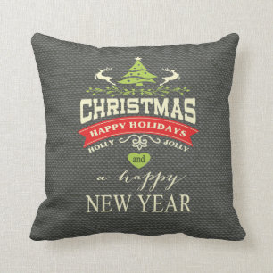Coussin L'art de Noël Vintage Deer Word Burlap  gris