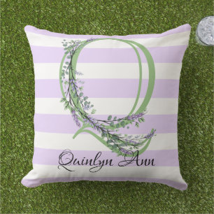 Coussin Lavande clair violet bandes blanches monogramme