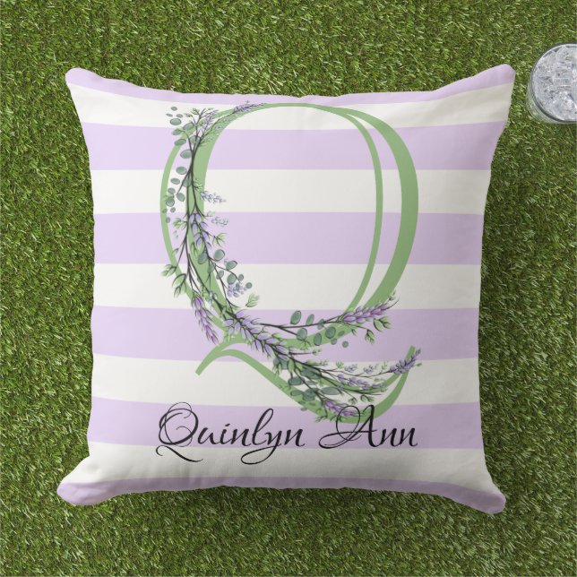Coussin Lavande clair violet bandes blanches monogramme (Herbe)