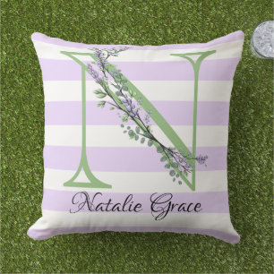 Coussin Lavande clair violet bandes blanches monogramme