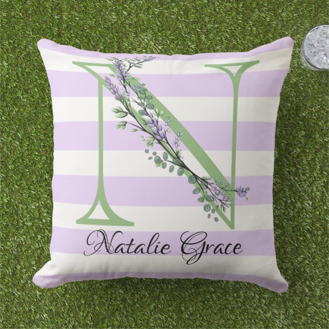 Coussin Lavande clair violet bandes blanches monogramme (Herbe)