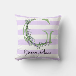Coussin Lavande clair violet bandes blanches monogramme