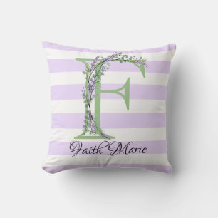 Coussin Lavande clair violet bandes blanches monogramme