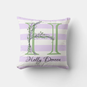 Coussin Lavande clair violet bandes blanches monogramme