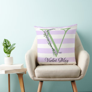 Coussin Lavande clair violet bandes blanches monogramme