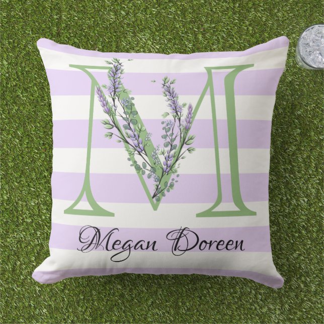 Coussin Lavande clair violet bandes blanches monogramme (Herbe)