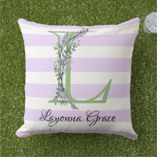 Coussin Lavande clair violet bandes blanches monogramme