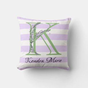 Coussin Lavande clair violet bandes blanches monogramme