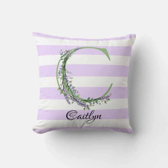 Coussin Lavande clair violet bandes blanches monogramme (Recto)