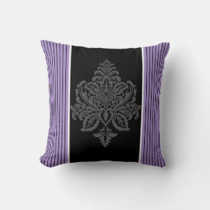 Coussin Lavande, damas et bandes noires