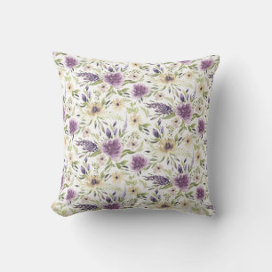 Coussin Lavande et fleurs d'aquarelle jaune pâle