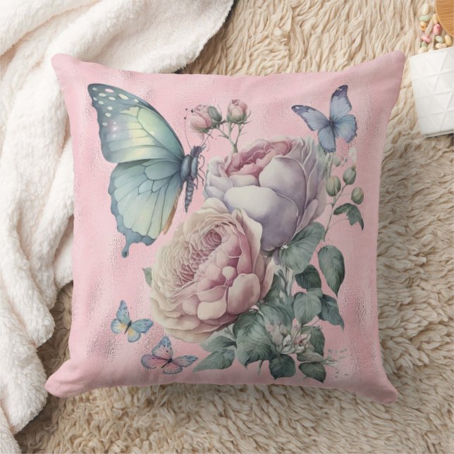 Coussin Lavande rose et pivoines roses et papillon (Couverture)