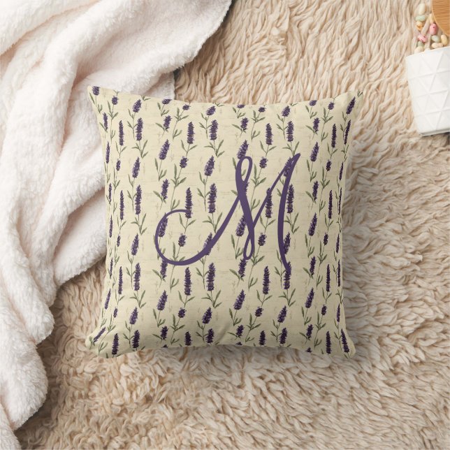 Coussin Lavande Violet Beige Botanique Floral Monogramme (Couverture)