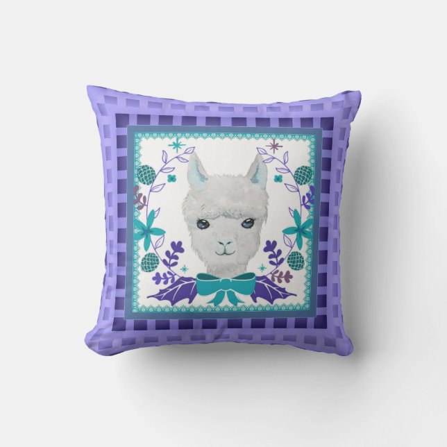 Coussin Lavande violette Llama blanche Pépinière bleu-vert (Recto)