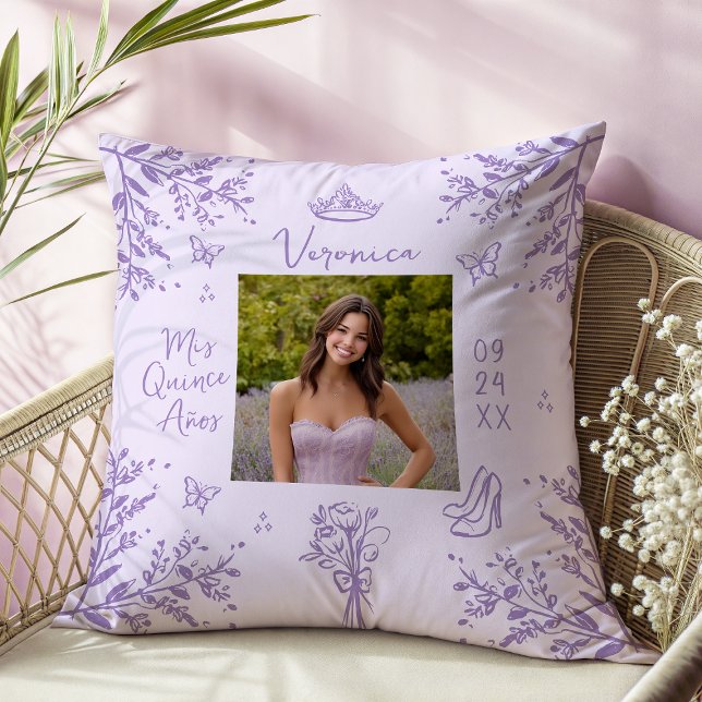 Coussin Lavender Scribble Photo Quinceanera Keepsaké (Créateur téléchargé)