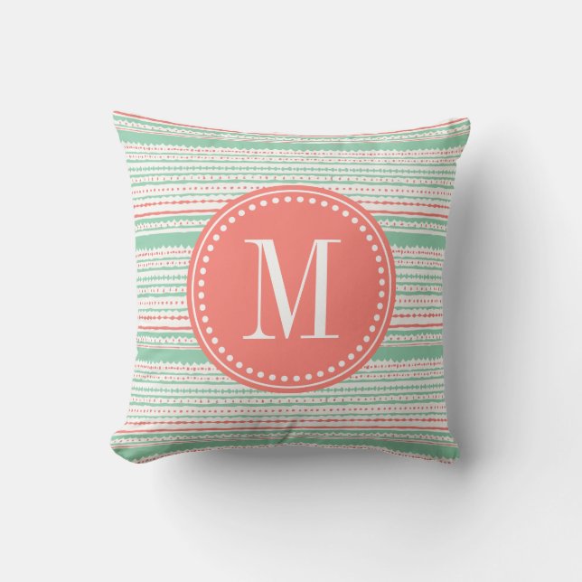 Coussin L'Aztèque barre le corail et la menthe (Recto)