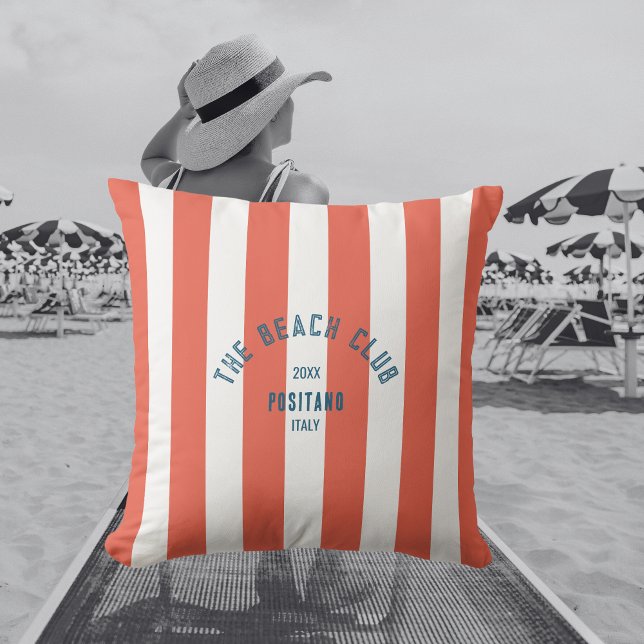 Coussin Le Beach Club Crest Orange Red Cabana Stripe (Créateur téléchargé)