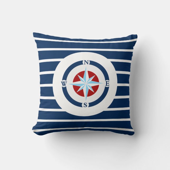 Coussin Le blanc bleu barre la boussole nautique (Recto)