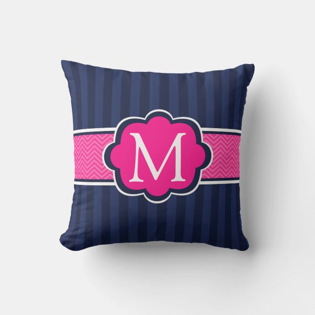 Coussin Le bleu marine barre le monogramme de coutume de (Recto)